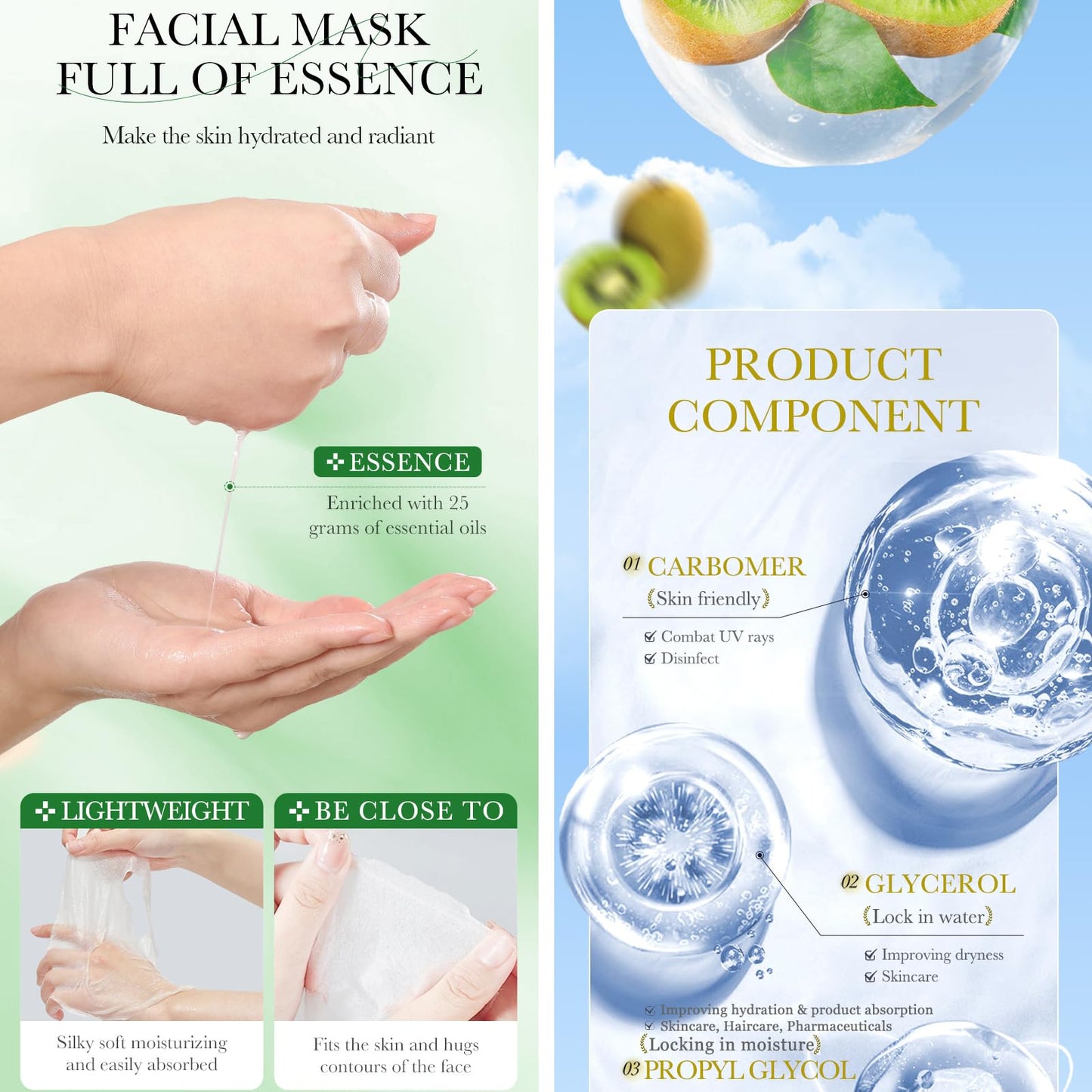 5Pcs Face Mask Facts Kiwi fruit | Brightens + Nourishes + Moisturizers | Vegan Mild Skin Deep Hydration Whitening and Antioxidant Sheet with Collagen and Natural Extracts for Radiant