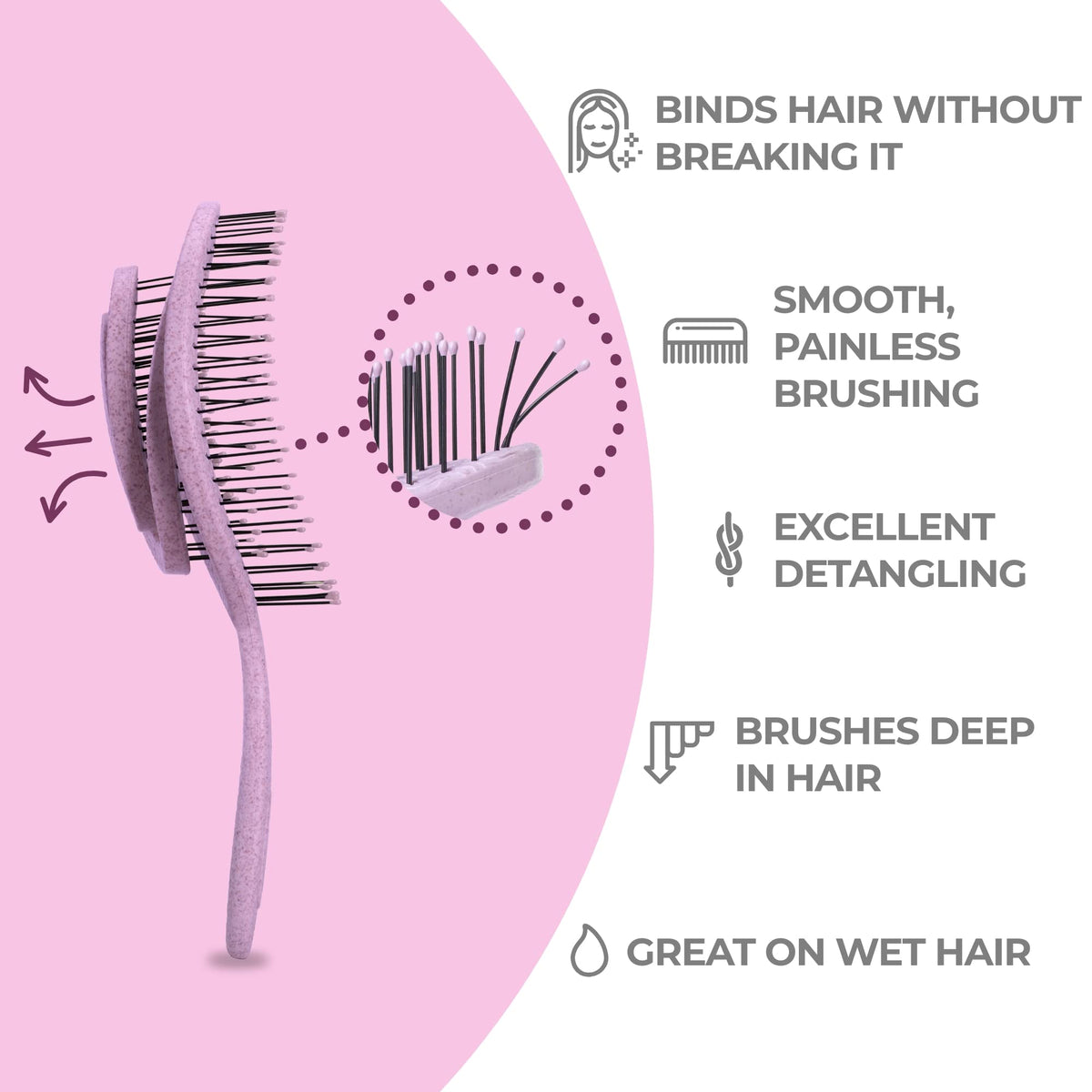 Ninabella Organic Detangle Hair Brush for Women, Men & Children - Does not Pull the Hair - Hair Straightening Brushes for Curly, Straight & Wet Hair - Unique Spiral Hairbrush - pink