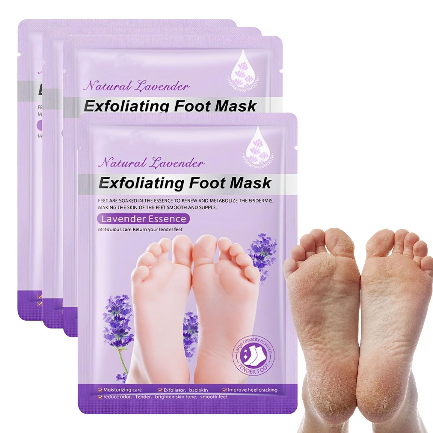 Nadiaen 4Pack Foot Peel Mask for Hard Skin, Exfoliating Foot Peel Mask, Callus Remover, Foot Care Mask for Cracked Heel, Dead & Dry Skin, Moisturizing Feet Peeling Mask for Women&Men - Lavender