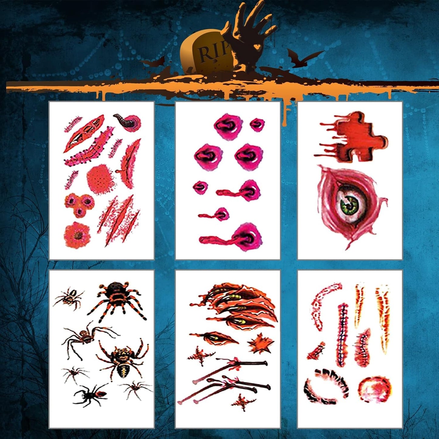 baymety Halloween Temporary Tattoos - 30 Sheets for Adults, Kids, Men & Women - Fake Wound Sutures, Vampire Bites, Zombie Makeup Kit
