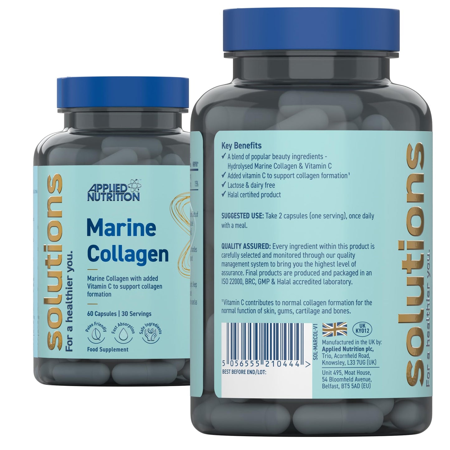 Applied Nutrition - Solutions - Marine Collagen - High Strength Type I Hydrolysed Collagen Capsules - Skin, Hair, Nail & Joint Support - 60 Capsules - 30 Servings