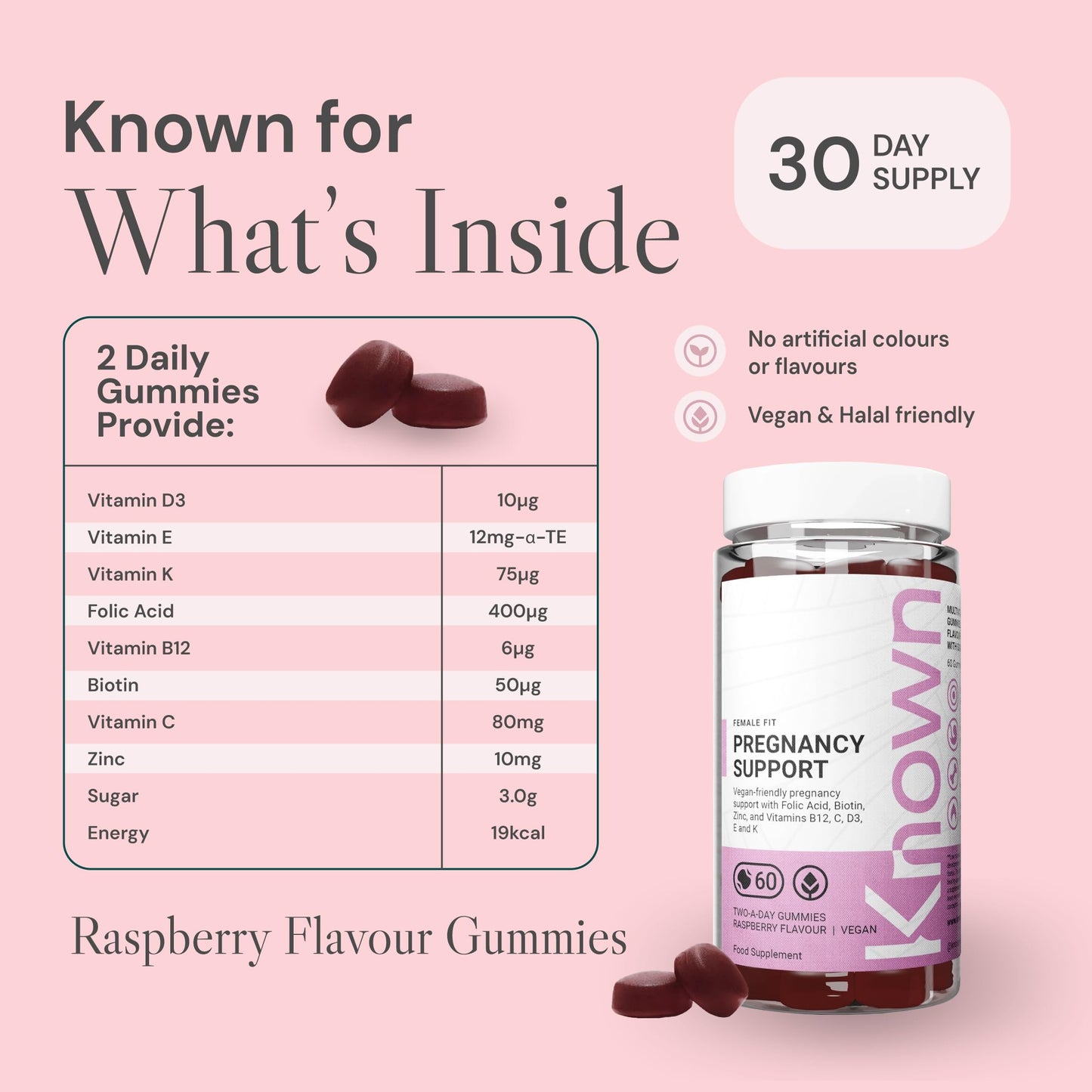 Known Pregnancy Support Gummies with 400mcg Folic Acid – Raspberry Flavour – Vegan Prenatal Multivitamin Gummy Supplement – with Vitamin D3, K, C, E, B12, Biotin & Zinc – 2 Month Supply