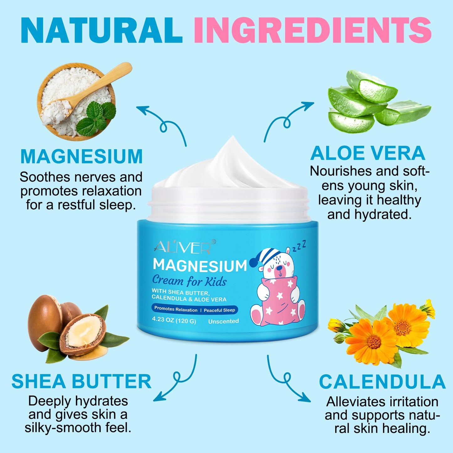 Magnesium Cream for Kids - Natural Soothing & Calming Magnesium Lotion with Aloe Vera & Chamomile, Perfect for Sensitive Skin, Promotes Relaxation & Better Sleep - 120g