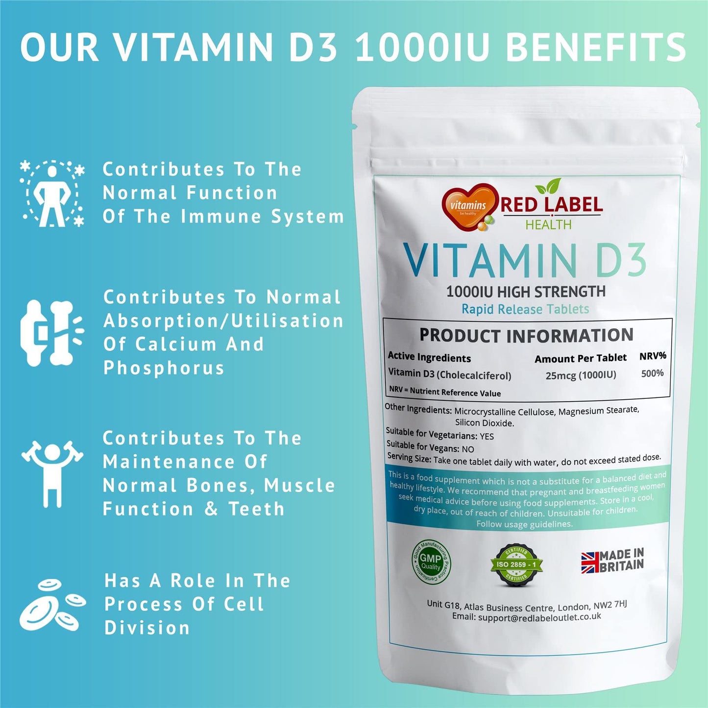 Red Label Health Vitamin D3 Tablets 1000IU, 60 Vitamin D Supplement Tablets (2 Months Supply) Healthy Teeth & Bones, Supports The Immune System for Men & Women Vegetarian Made in The UK