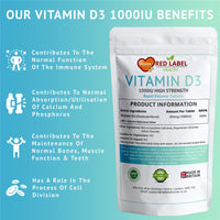 Red Label Health Vitamin D3 Tablets 1000IU, 60 Vitamin D Supplement Tablets (2 Months Supply) Healthy Teeth & Bones, Supports The Immune System for Men & Women Vegetarian Made in The UK