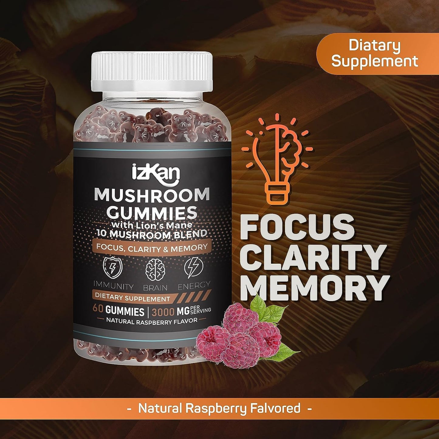 Izkan Mushroom Complex Gummies 3000mg - 10 Brain Health Mushrooms Gummies Supplement Promotes Focus, Memory, and Mood - 60 Count (Rasberry Flavor, Halal, Gluten-Free, Vegan) (1)