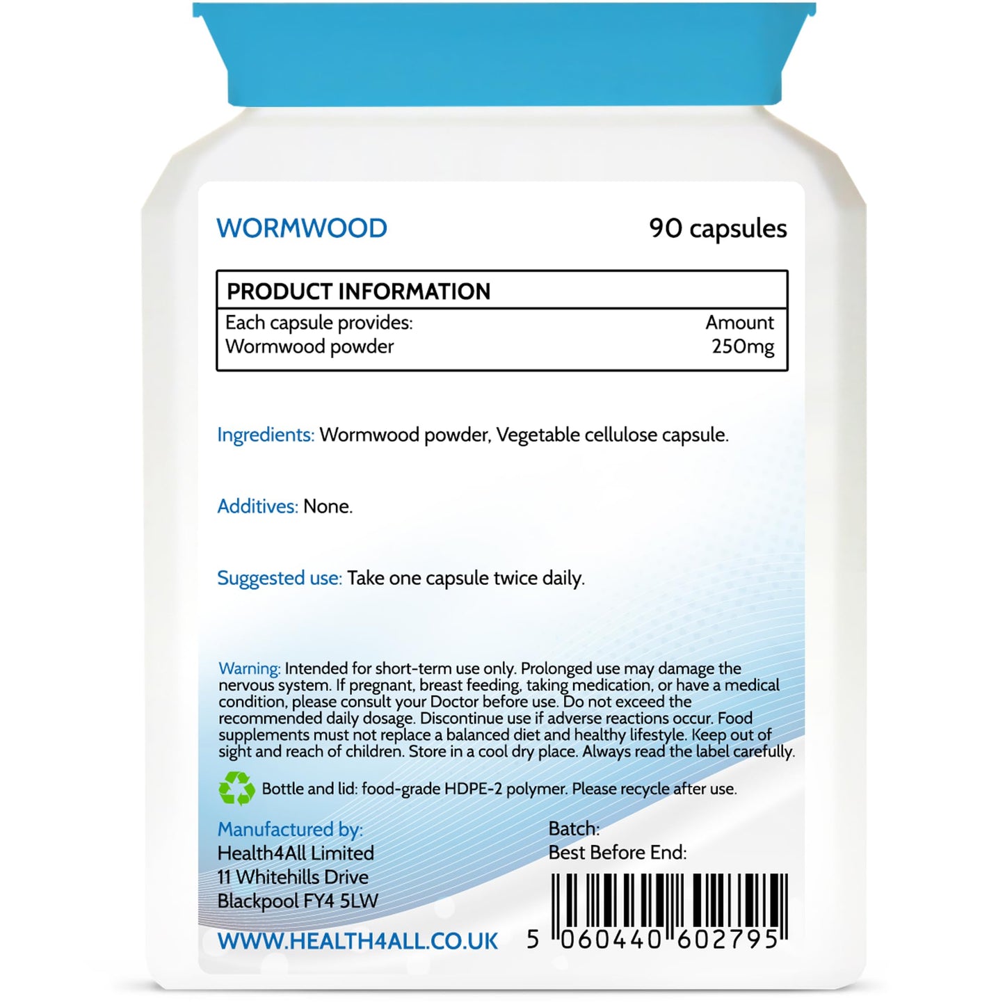 Health4All Wormwood 250mg 90 Vegan Capsules, Purest Artemisia Absinthium Powder