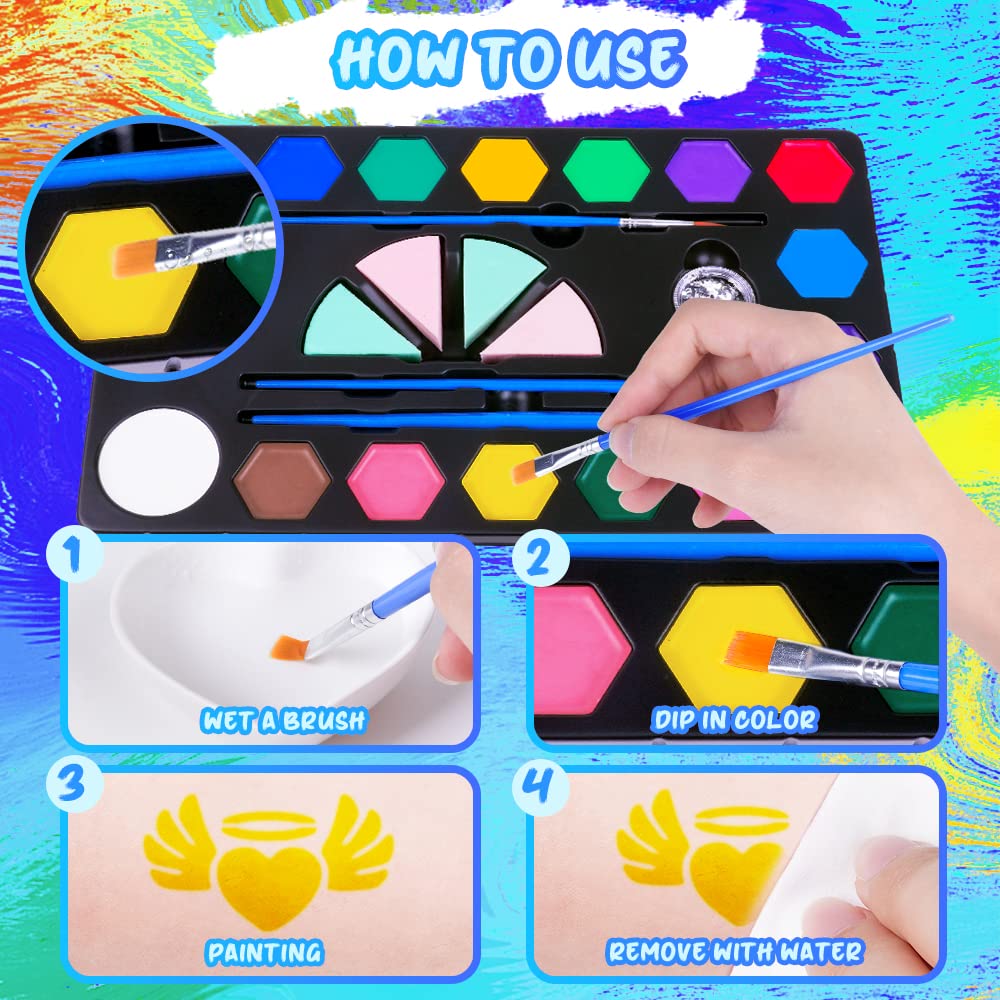 ACWOO Face Paints for Kids, 16 Colors Professional Face Body Painting Kit with 1 Gem Sheet, 2 Glitters, 3 Stencils, 3 Brushes, 4 Sponges, Water Based Face Paint for Halloween, Party, Cosplay