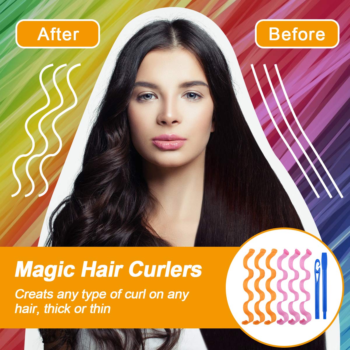URAQT Hair Rollers No Heat, 24pcs Hair Curlers Styling Kit with Styling Hooks, Wave Hair Curlers for Long & Short Hair, DIY Hairstyle Styling Tools 30cm