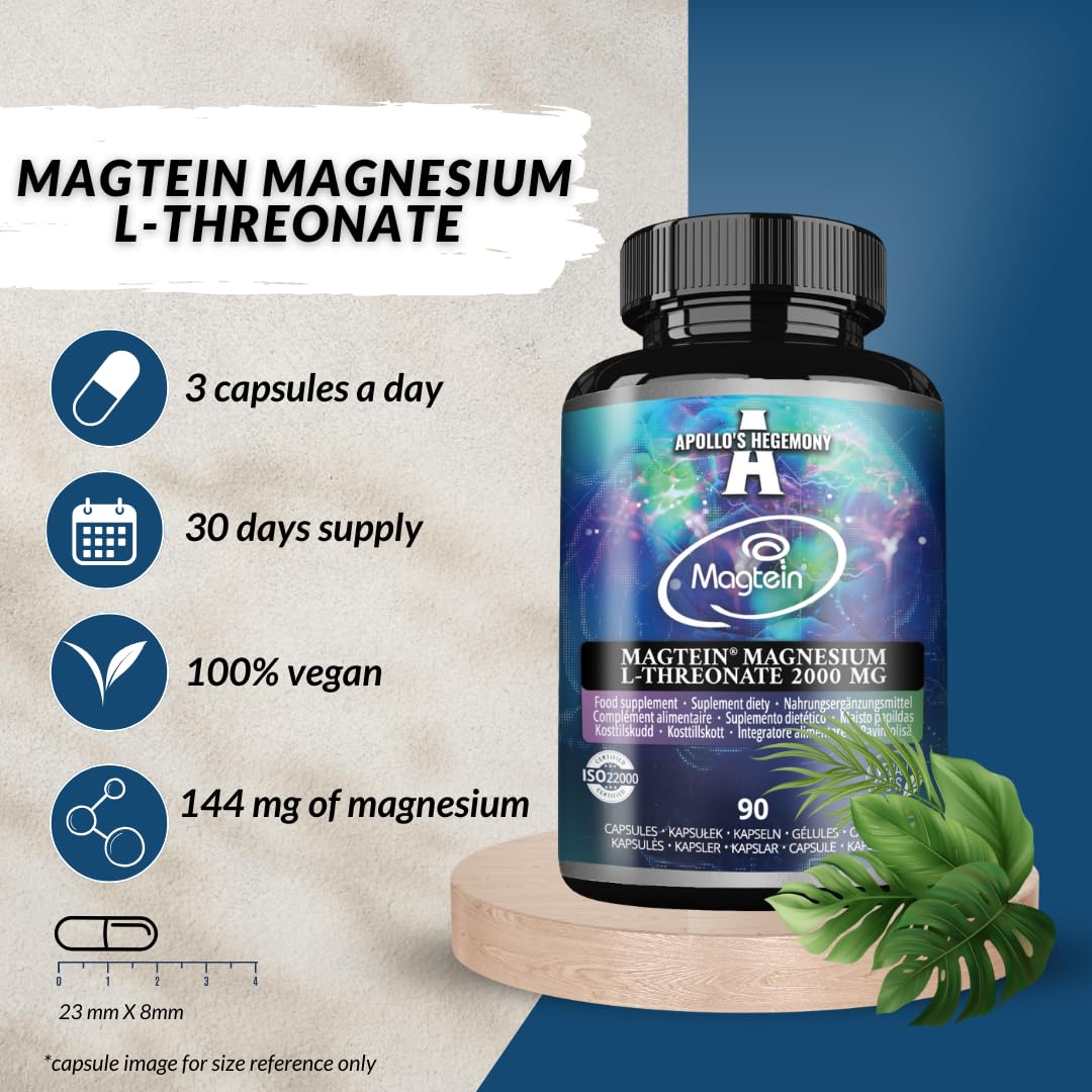 Magtein® Magnesium L-Threonate 144 mg per Daily Dose - 90 Vegan Capsules - 30-Day Supply - for Cognitive Function Support - by Apollo's Hegemony
