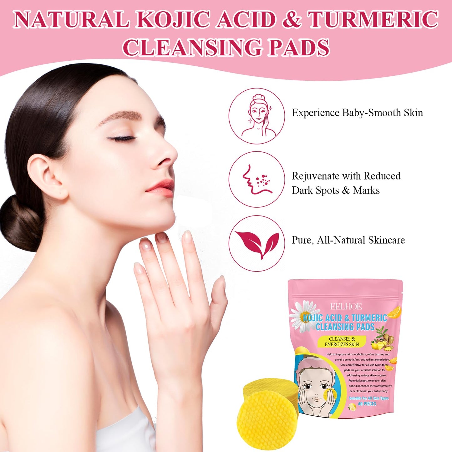 Nadiaen Kojic Acid and Turmeric Pads,80 Pieces Turmeric Kojic Acid Pads,Exfoliating Face Suitable for Improving Skin Texture,Reducing Shine and Clogged Pores