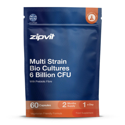 Zipvit Bio Cultures 6 Billion CFU with Prebiotic, Includes Lactobacillus & Bifidobacterium, 5 Live Strains, 60 Vegetarian Capsules, 2 Months Supply, Eco-Friendly Pouch