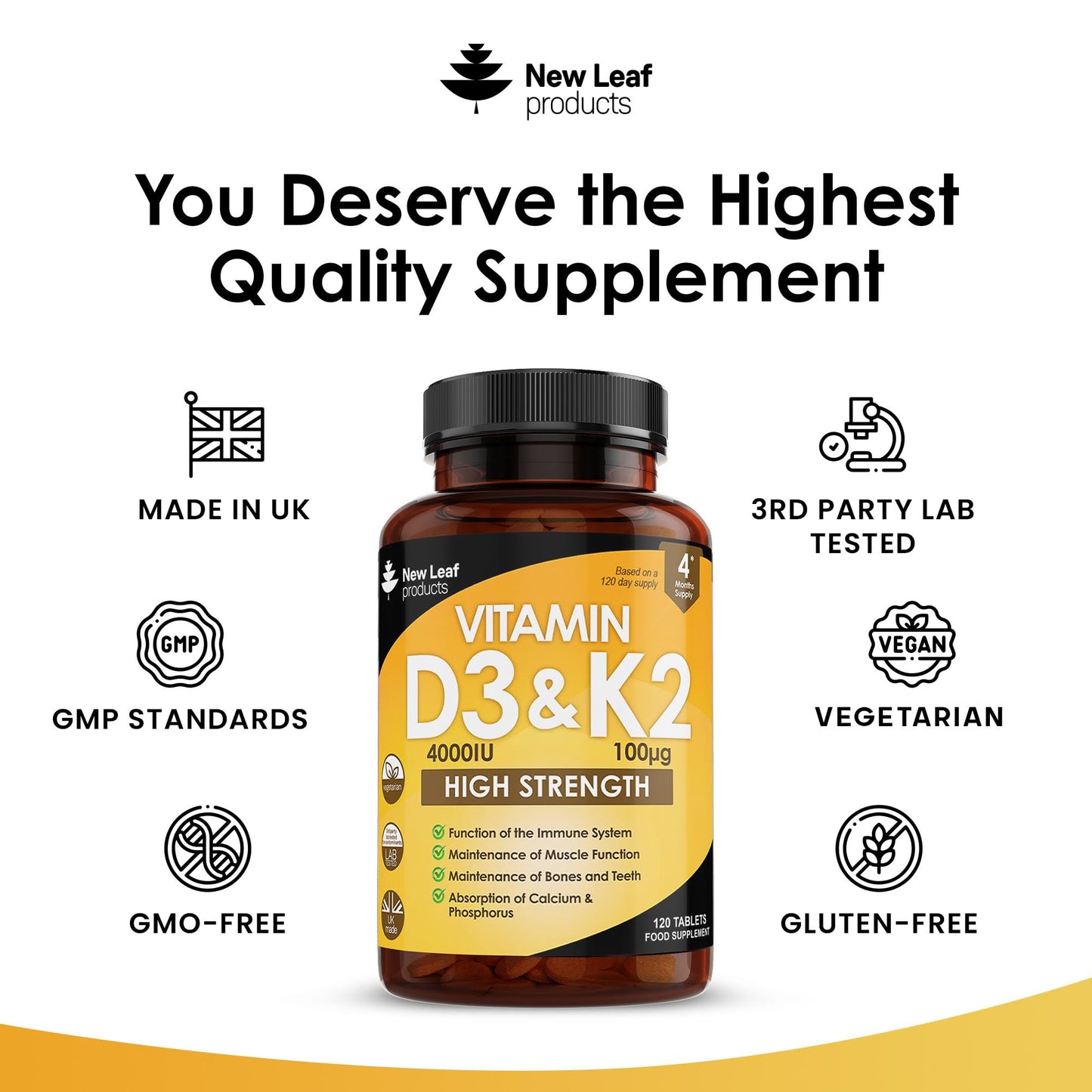 Vitamin D3 K2 - Vitamin D3 4000iu & Vitamin K2 100ug (MK7) 4 Months Supply, Supports Immunity, Calcium Absorption and Bone Health, Non-GMO, UK Made by New Leaf 365 Micro Small Vegetarian Tablets,