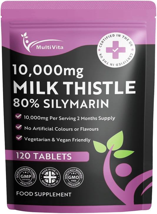 Multivita Milk Thistle Tablets 80% Silymarin High Strength 10,000mg Per Serving 2 Months Supply, 120 Vegan Tablets - Milk Thistle Capsules Alternative - Premium Supplement Made in UK