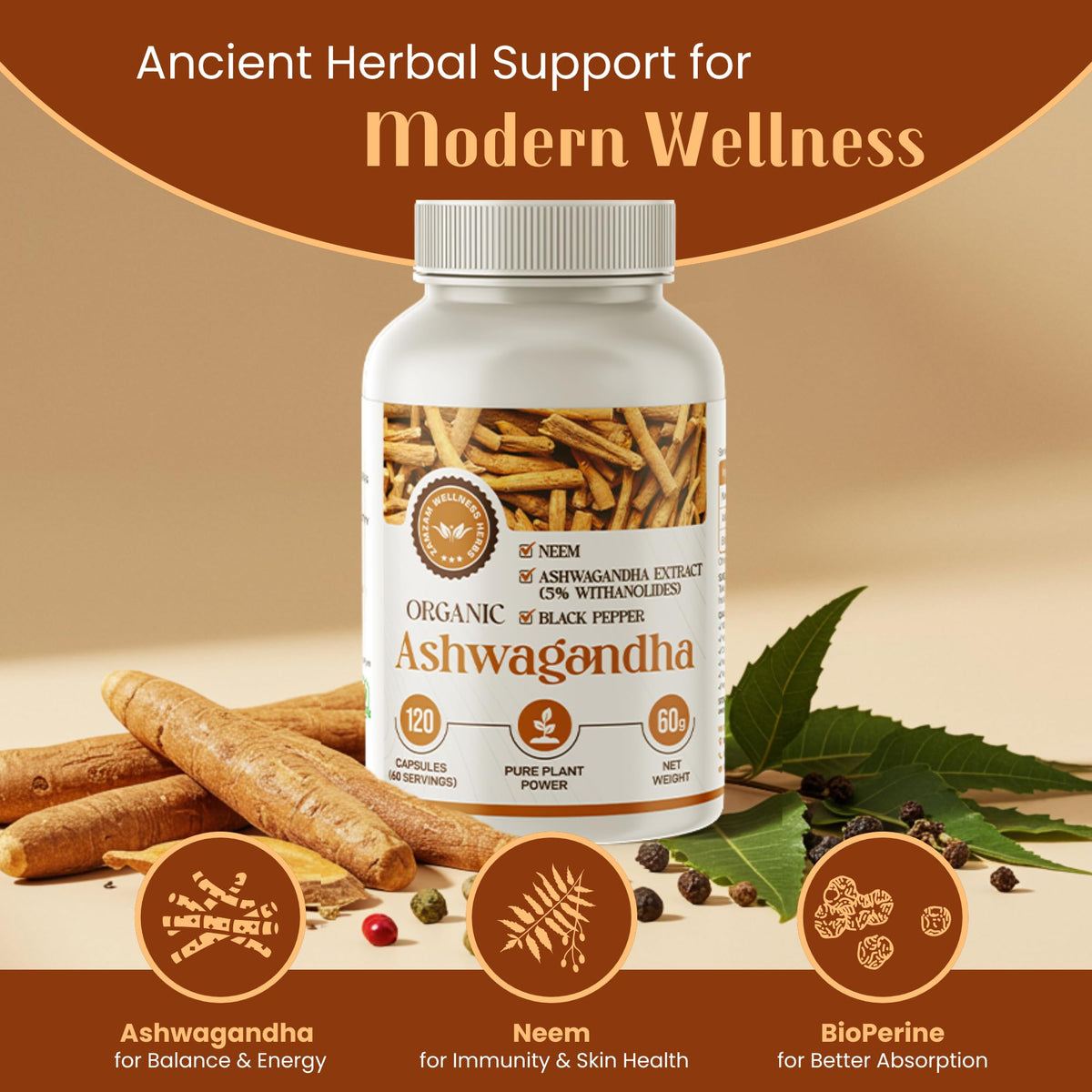 Zamzam Wellness Herbs Organic Neem Leaf (Azadirachta Indica) + Ashwagandha 5% Withanolides with Black Pepper | High-Strength Ayurvedic Detox & Skin Cleanse | Immune, Mood & Energy Support | 120 Vegan Adaptogen Capsules