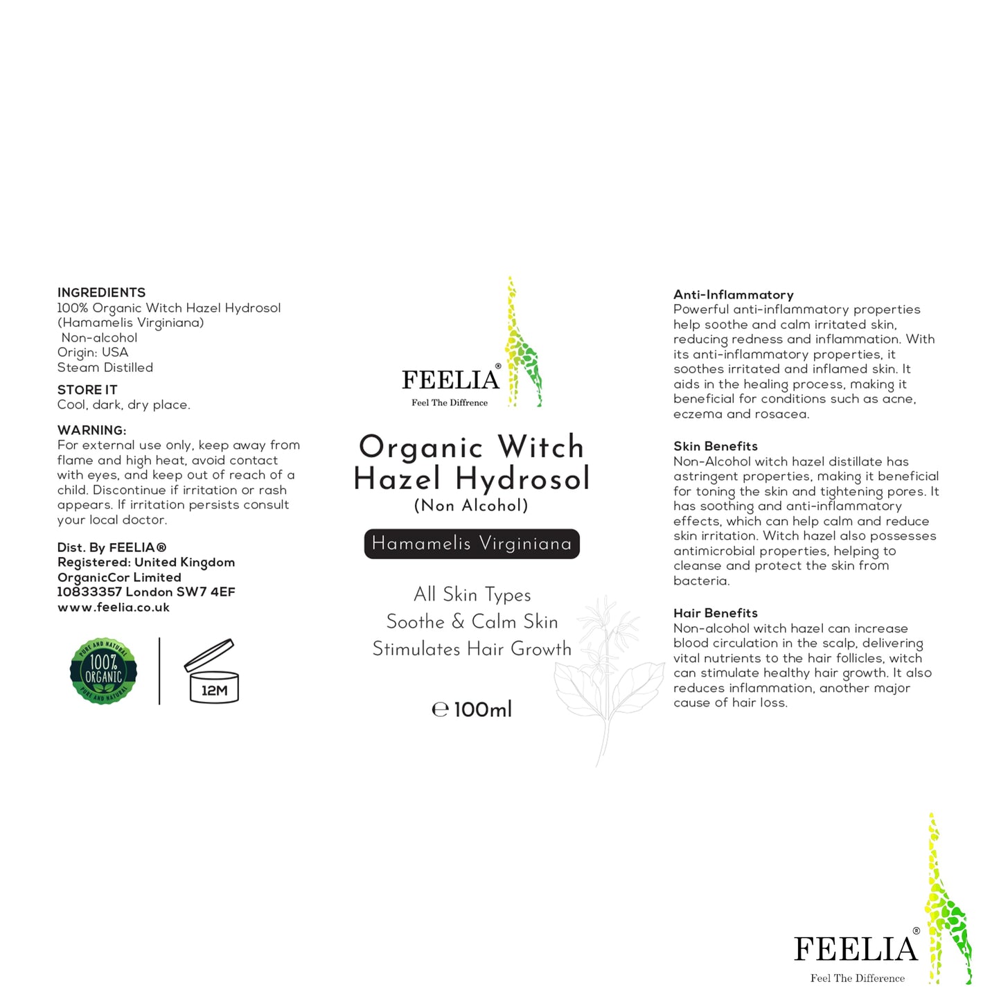 Feelia – Organic Witch Hazel Hydrosol, Steam Distilled, Pure & Natural Toner, All Skin Types, Soothe & Calm The Skin, Ideal for Post Cleansing Routine