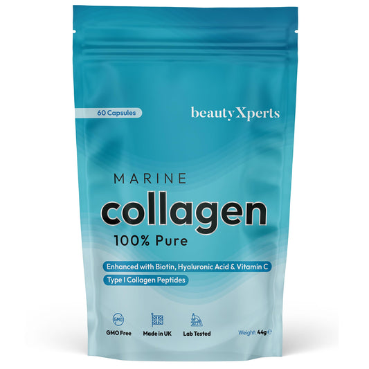 BeautyXperts Marine Collagen Capsules | with Biotin, Hyaluronic Acid & Vitamin C | High Strength Pure Collagen Peptides Supplements for Women and Men | 60 Capsules (Not Tablets or Powder)