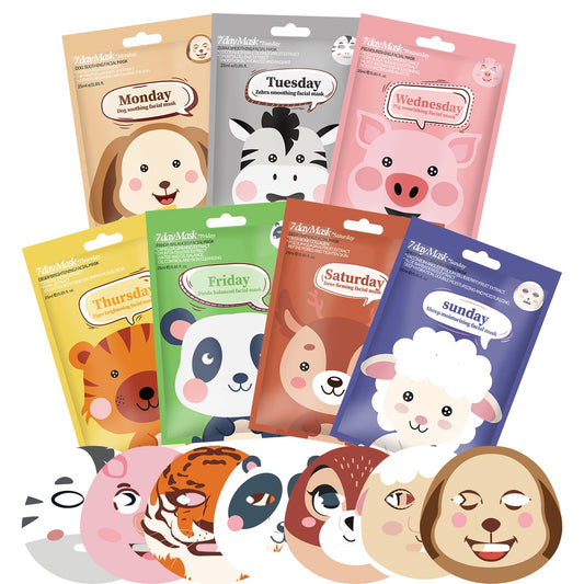 Shengqialun Face Masks Skincare - 7 Sheet Face Mask - Face Mask Set Hydrating and Smoothing Improve Dullness - Fun Animal Printed Facial Mask Gifts for Teenage Girls