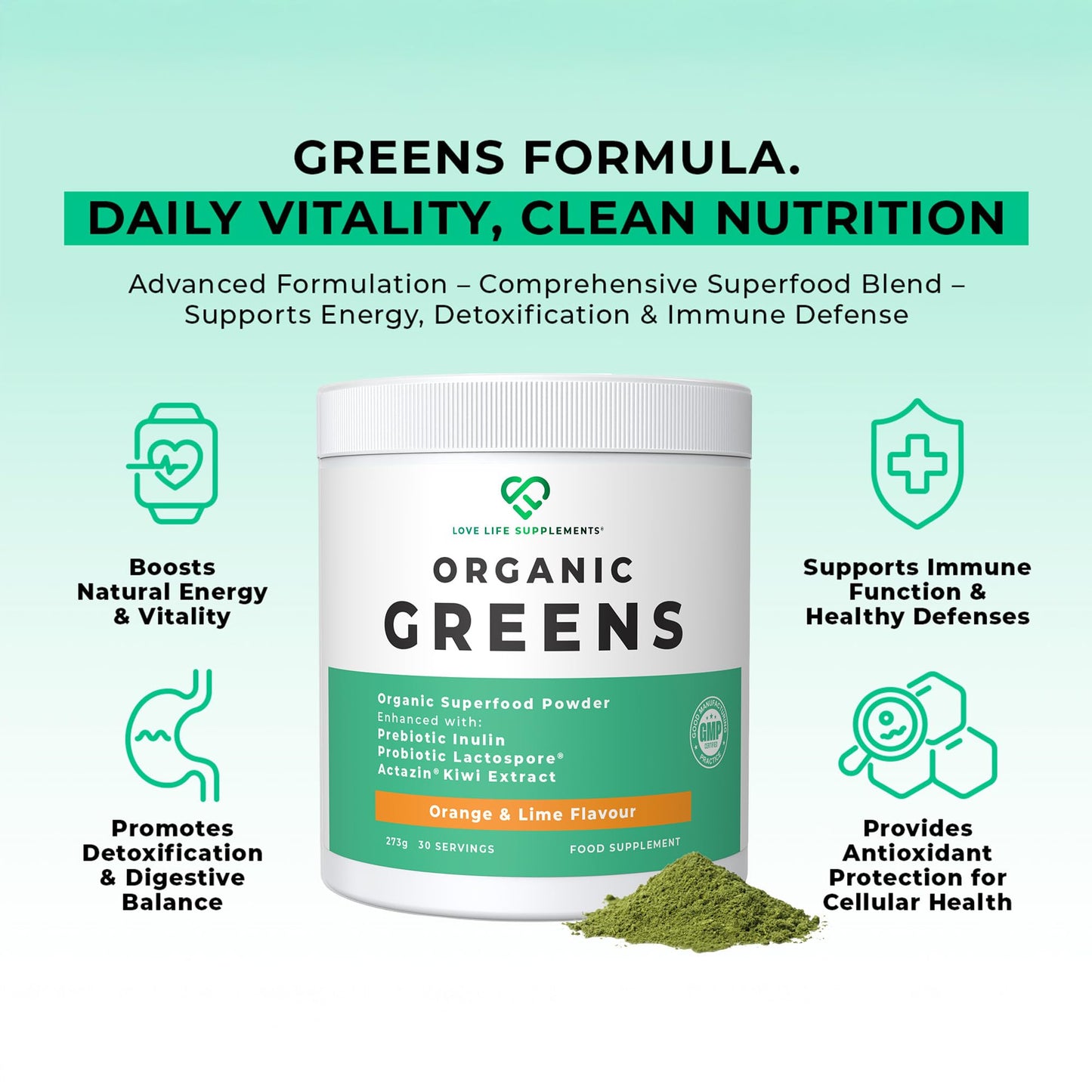 LOVE LIFE SUPPLEMENTS Organic Greens Superfood Powder, Prebiotics & Probiotics, Pea Protein & Actazin Kiwi Extract for Gut Health, High Dose Green Vegetables, Orange and Lime Flavour, 273g - 30 Servings