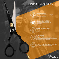 Candure Hairdressing Scissor with Comb & Leather Pouch 6.5" - Hair Scissor for Professional Hairdressers, Barbers Stainless Steel Hair Cutting Shears for Salon, Men, Women, Children and Adults Black