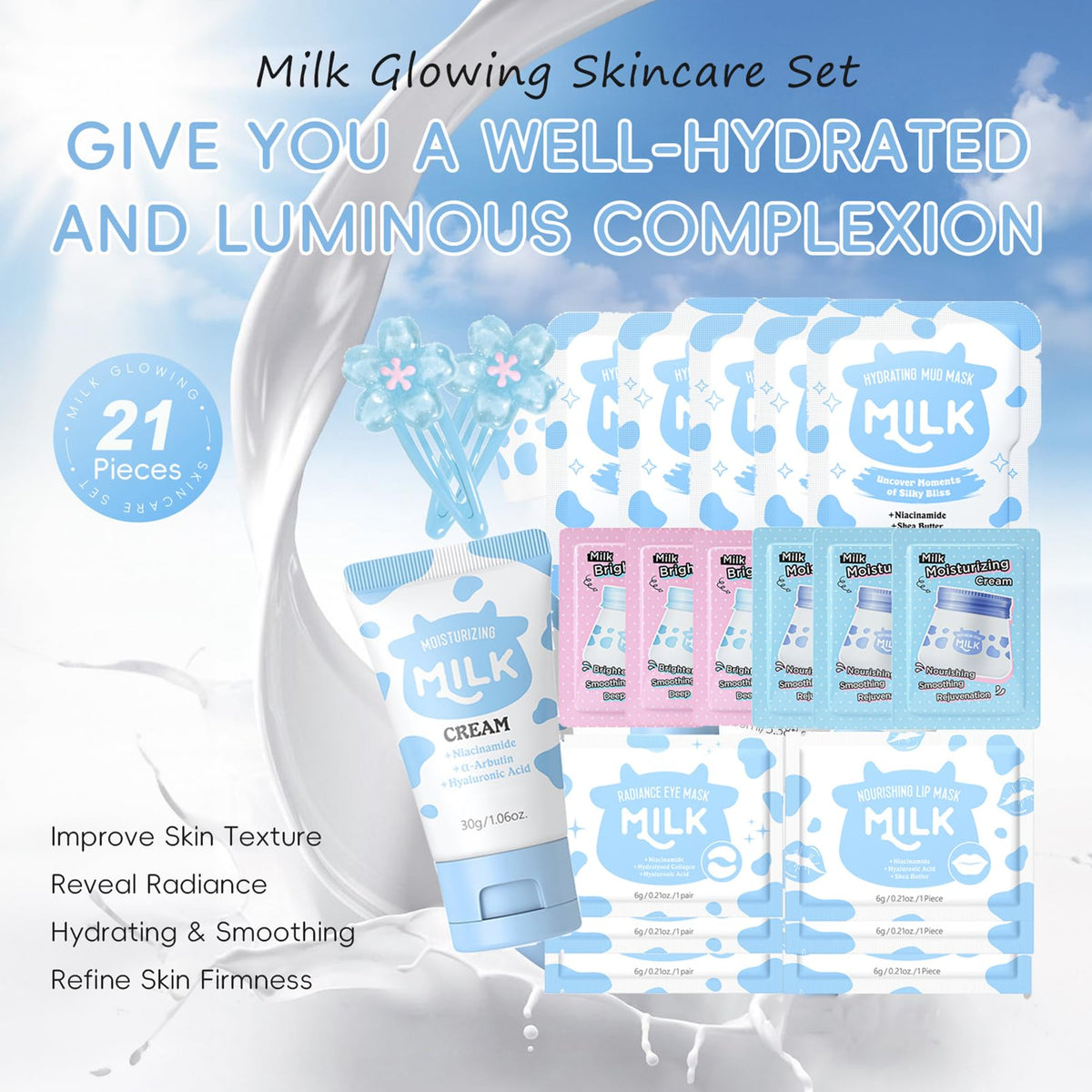Fashion Base 21PCS Milk Skin Care Set for Teen Girls - Cute Mini Luggage Skincare Gift Set with Day Cream, Night Cream, Mud Mask, Eye Mask & Lip Mask for Women Daily Care (Milk-21PCS)