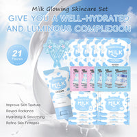 Fashion Base 21PCS Milk Skin Care Set for Teen Girls - Cute Mini Luggage Skincare Gift Set with Day Cream, Night Cream, Mud Mask, Eye Mask & Lip Mask for Women Daily Care (Milk-21PCS)