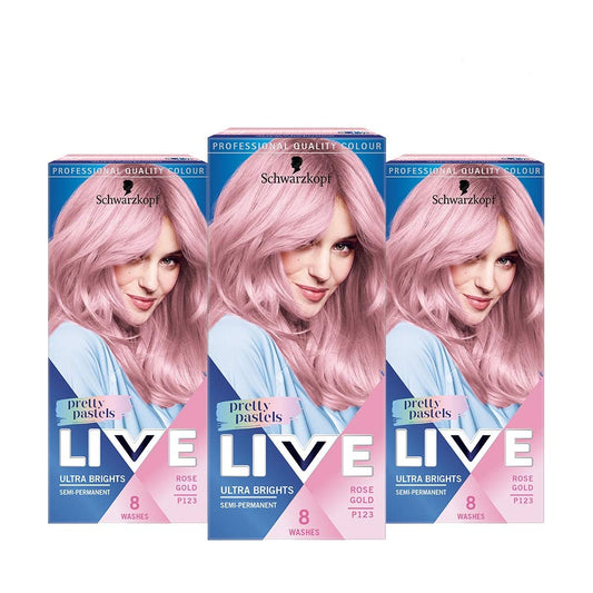 Schwarzkopf LIVE Pretty Pastels Pink Gold Hair Dye, Pack of 3, Semi-Permanent Colour last up to 8 washes- P123 Rose Gold