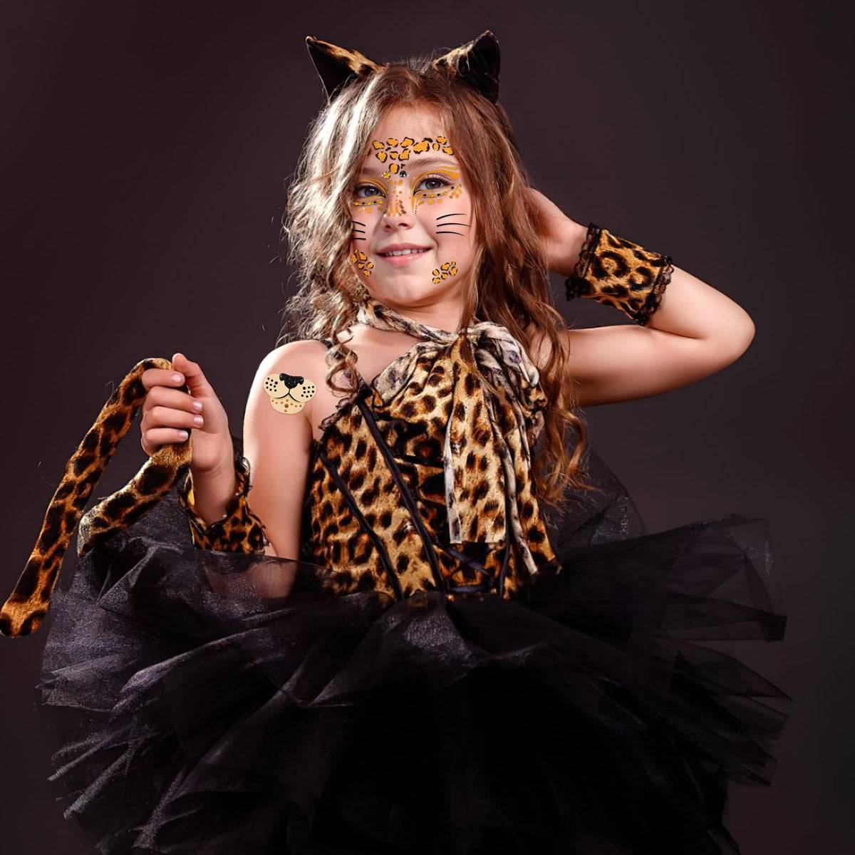 DPKOW Leopard Face Tattoos & Gems, Temporary Tattoos & Face Gems for Kids & Adults, Waterproof, Leopard Print