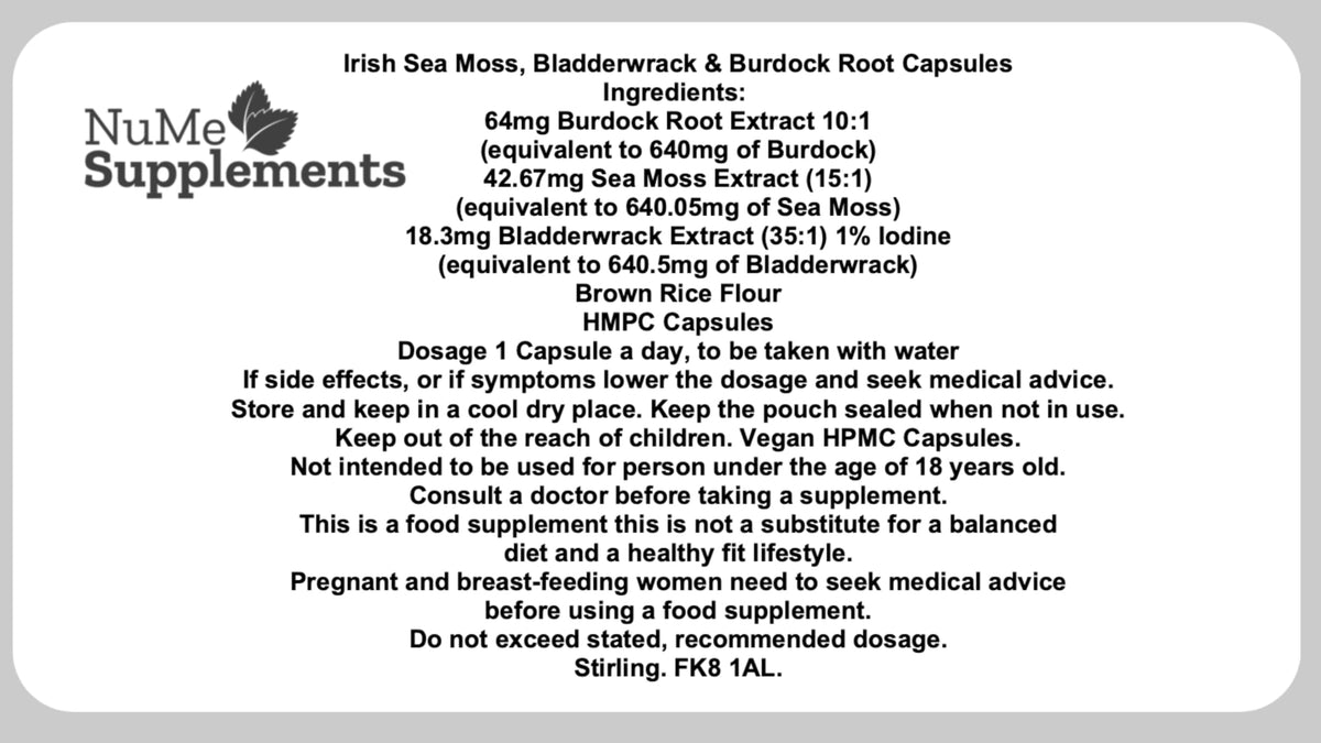 NuMe Supplements NuME Supplements Vegan Irish Sea Moss, Burdock Root and Bladderwrack Capsules - 60 Capsules - 2 Months Supply - UK Made - GMP & HACCP Approved