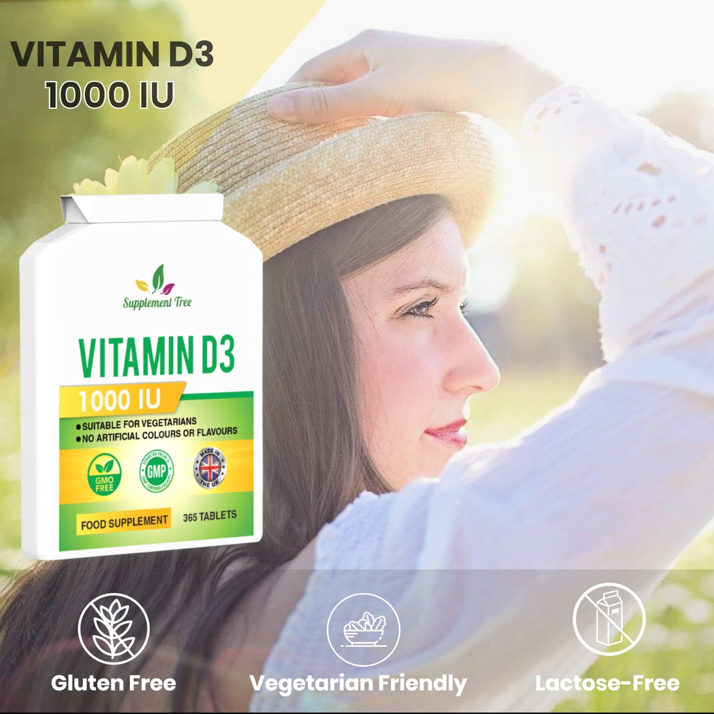 Vitamin D 1000IU 365 Vegetarian Tablets | Optimum Strength Cholecalciferol Vitamin D3 Supplement | UK Manufactured