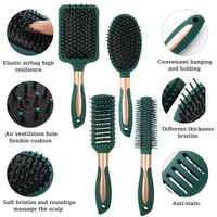 Hair Brush Set ，DDUP 4 PACK Anti Static Massage Oval Comb Round Vent Hair Brush，Detangling Brush ，Paddle Brush for Women Men （Green）