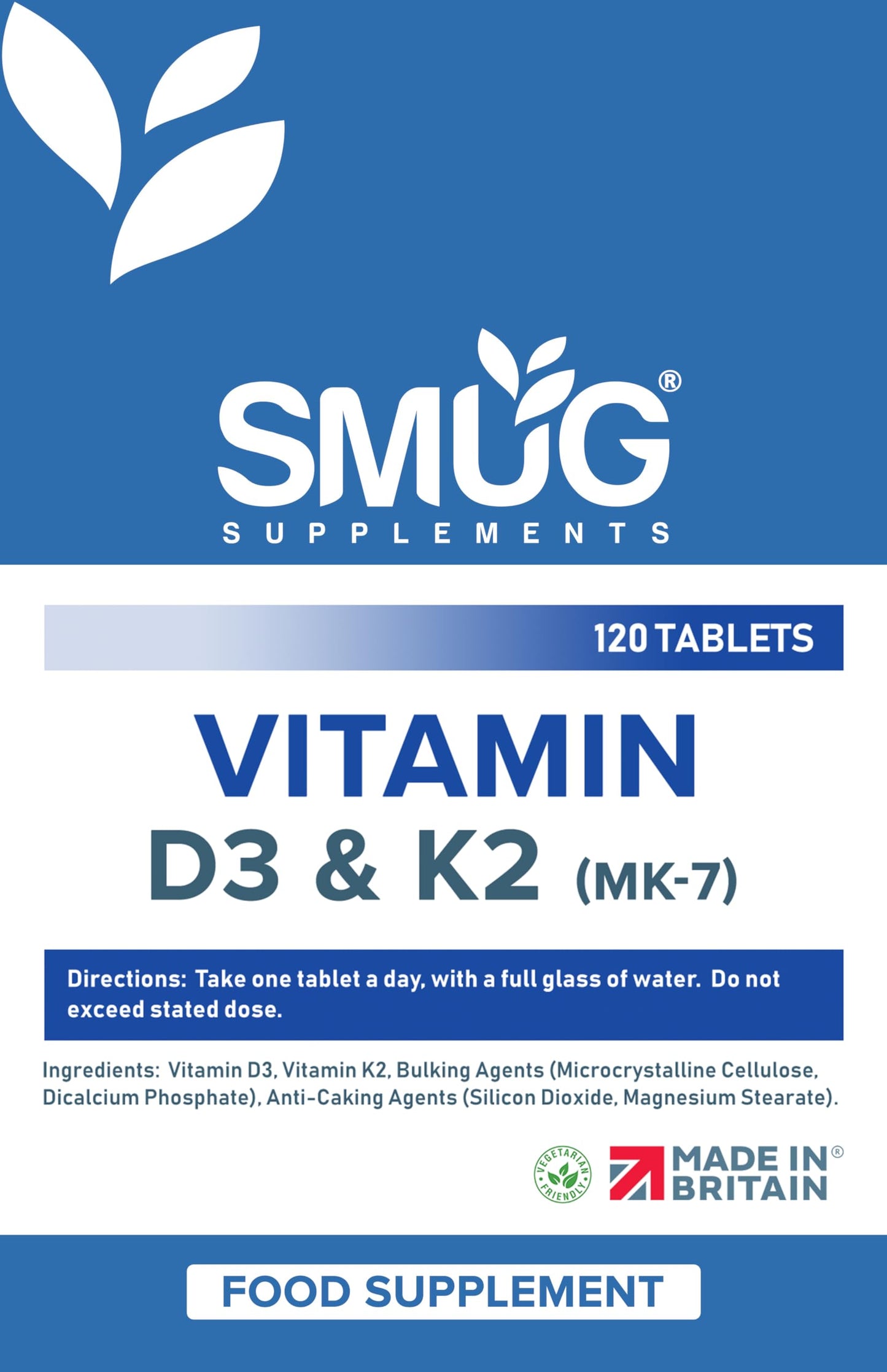 SMUG Supplements Vitamin D3 4000iu & Vitamin K2 200ug (MK-7) - 120 Vegetarian Tablets - Supports Immune System - Promotes Healthy Bones - for Men and Women - Made in Britain