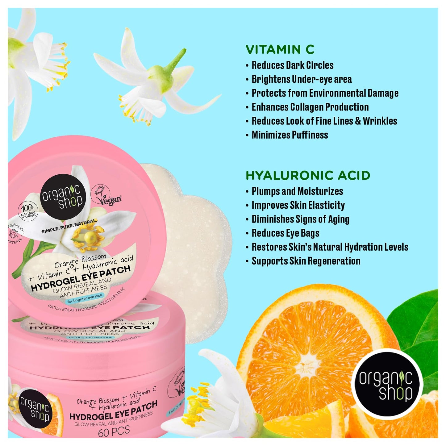 Organic Shop Hyaluronic Acid & Vitamin C Hydrogel Eye Patches for Dark Circles, Anti Puffiness, Deep Hydration, Fight Wrinkles & Fine Lines, Dark Spots, Texture Repair 100% Vegan & Organic. 60 Pcs