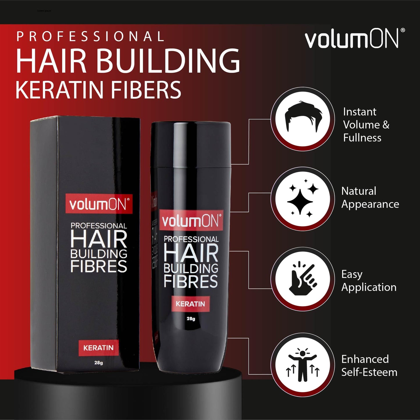 Volumon Professional Hair Building Fibres- Hair Loss Concealer- KERATIN- BLACK 28g- Get Upto 30 Uses