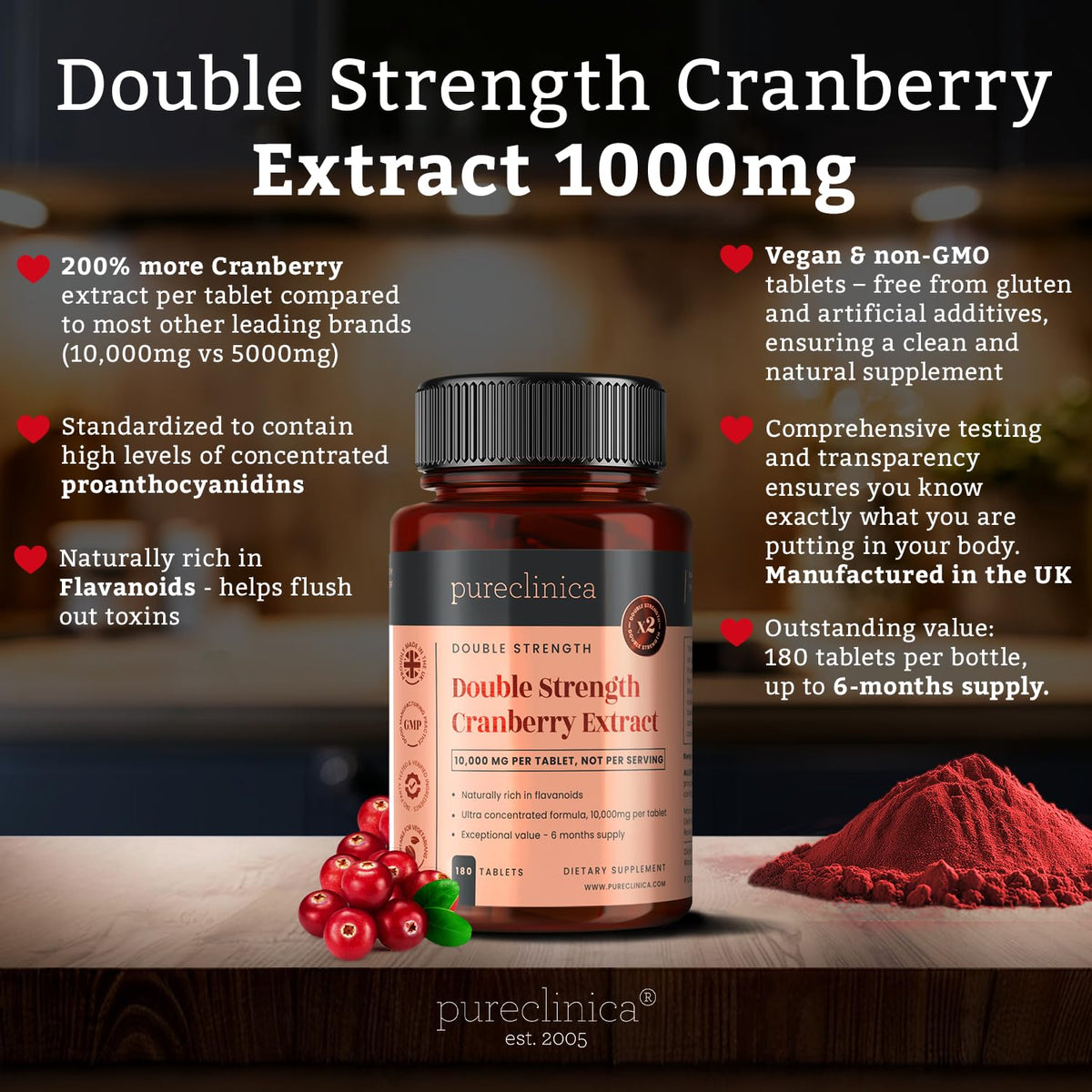 Pureclinica Double Strength Cranberry Extract 10,000mg x 180 Ultra Concentrated Tablets x 720 Tablets (4 Bottles of 180) – 2 Year Supply