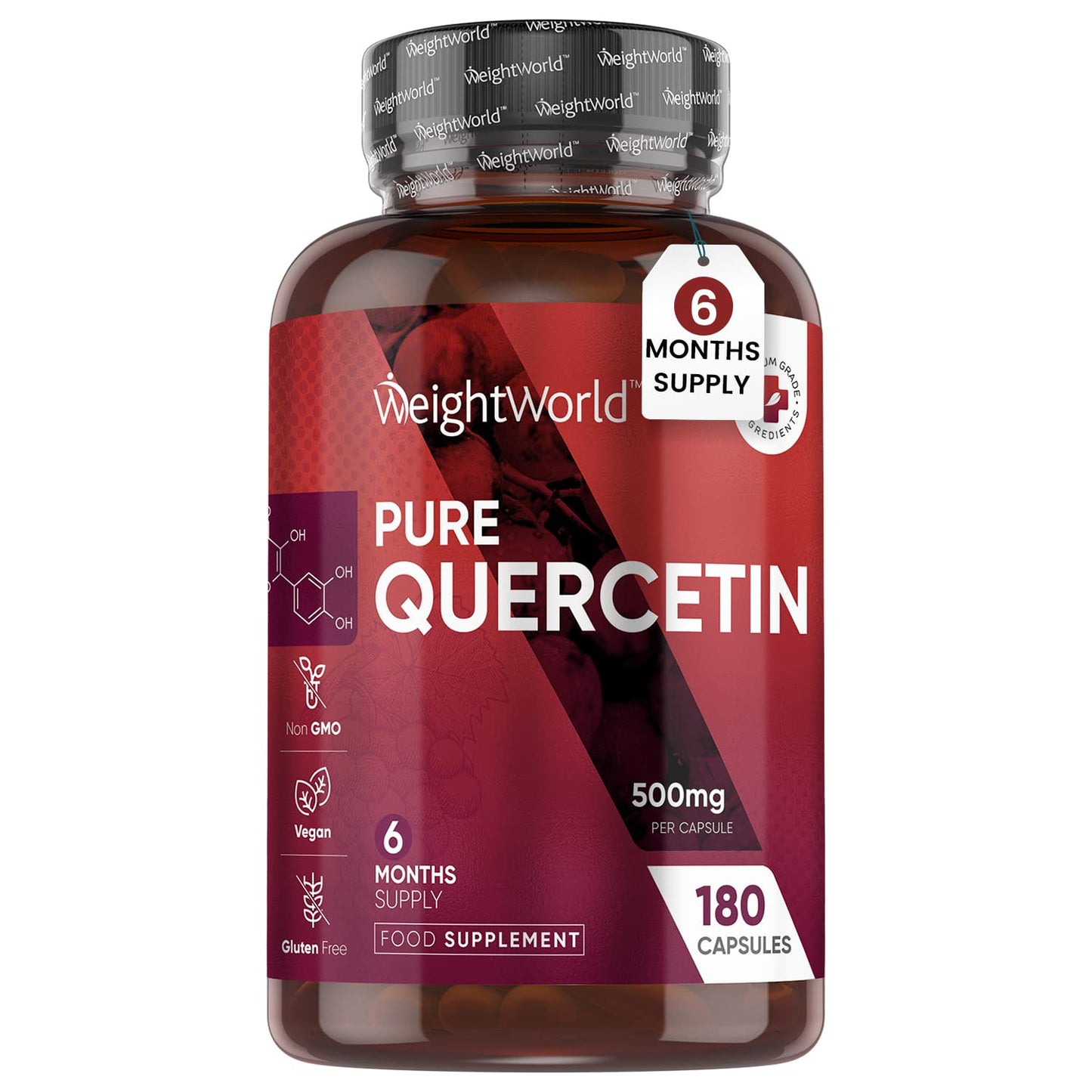 Pure Quercetin Capsules - 6 Months Supply (180 Vegan Quercetin Powder Capsules) - High Strength Quercetin Supplement - Offers Better Absorption & Effectiveness - Natural Immunity Supplement