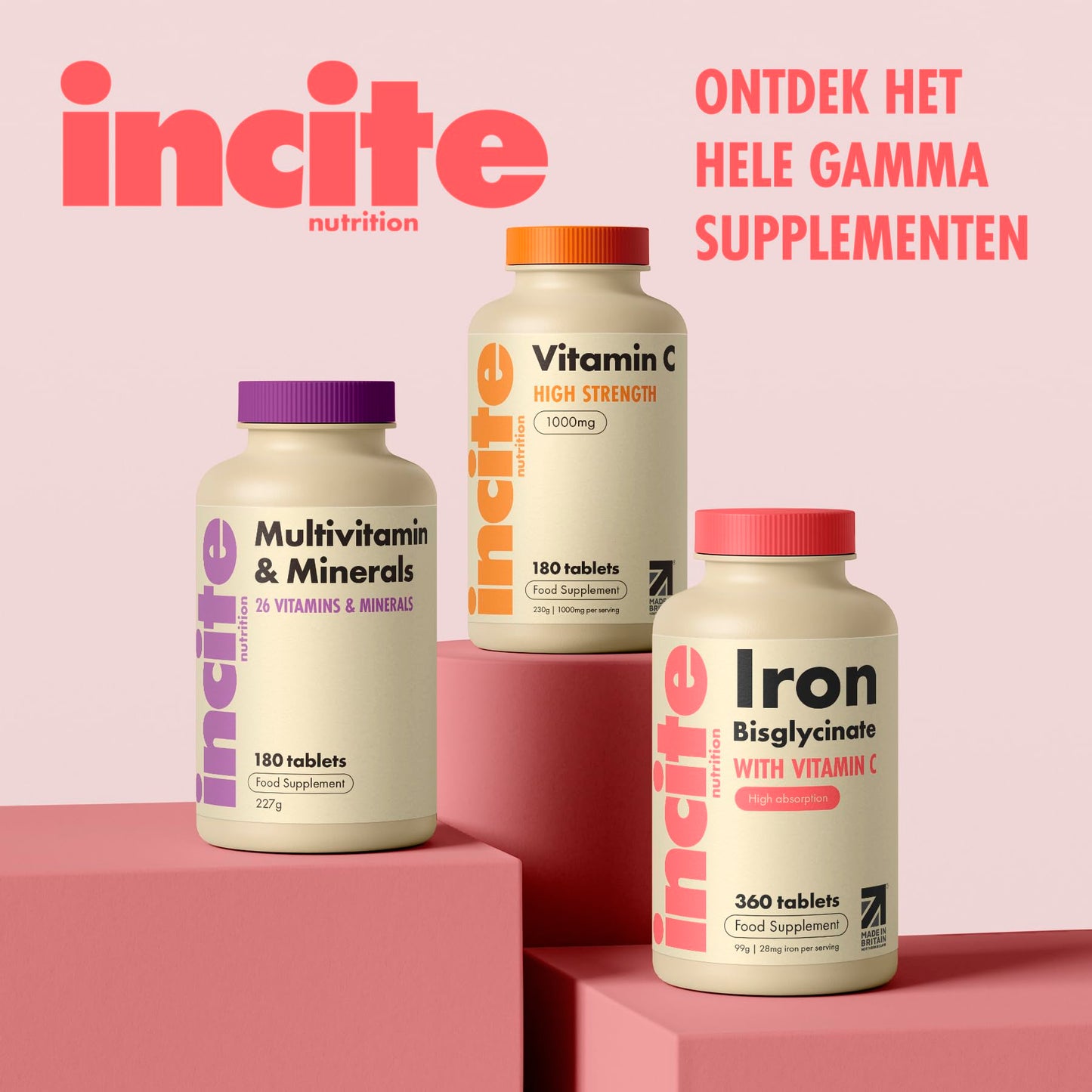 Incite Nutrition Gentle Iron Tablets - Iron Bisglycinate 28 mg, 6 Month’s Supply - 360 High Strength Tablets - Supplement Suitable for Vegans - Best Immune System Booster for Women & Men - Made in UK