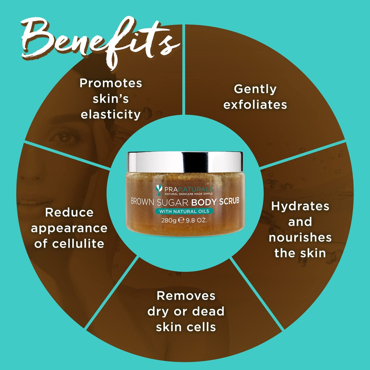 PraNaturals Brown Sugar Body Scrub - Natural Exfoliating Body Scrub - Gently Removes Dead, Dry Skin Cells - 280g