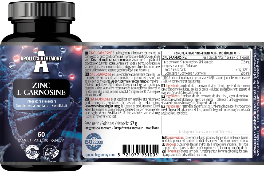 APOLLO'S HEGEMONY Zinc L-Carnosine 37.5 mg per Capsule - 90 Vegan Capsules - 3 Months Supply - for Skin, Hair & Nail Health - Supplement by Apollo's Hegemony