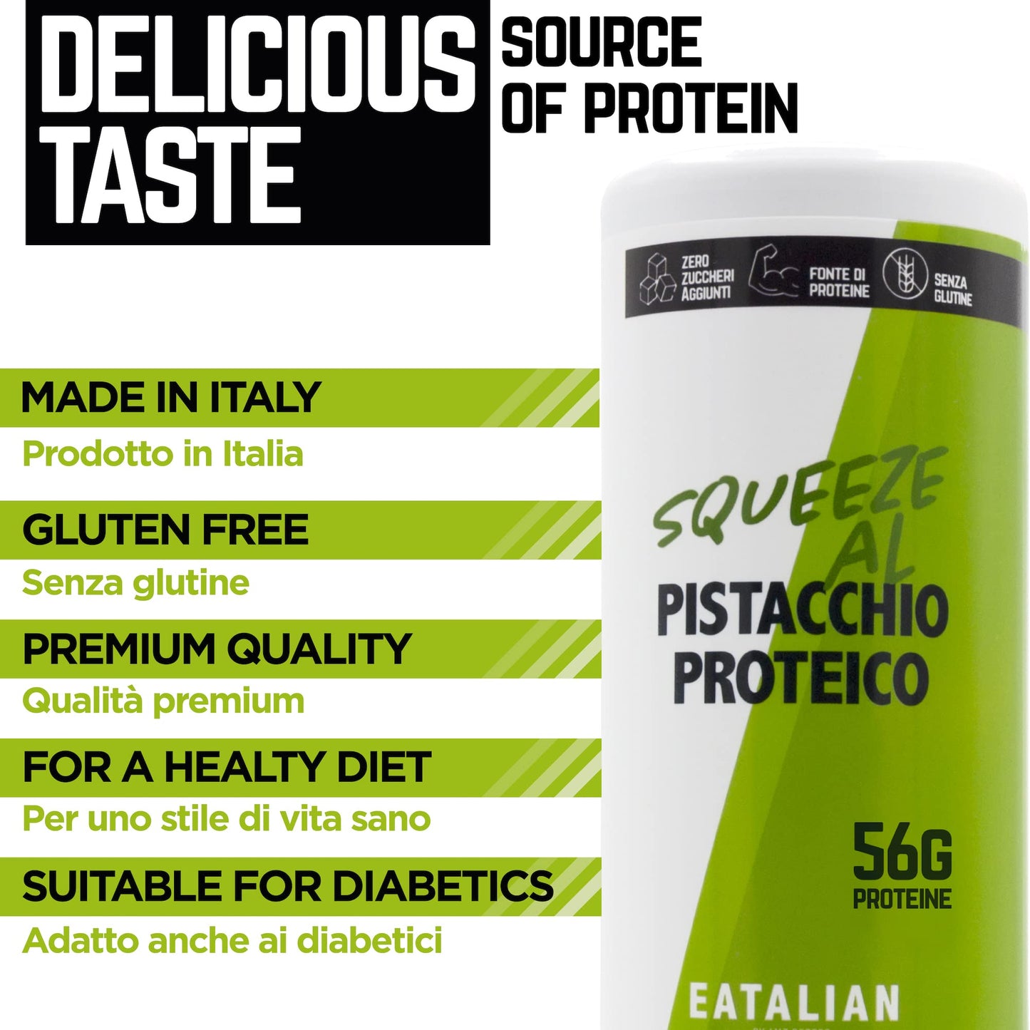 EATALIAN by AMZ BETTER Topping with Protein Pistachio Flavour, Sweet Protein Cream, in a 300 gr Squeezer, Made in Italy, Ideal Pistachio Sauce to garnish Ice Cream, Sweets and Dessert