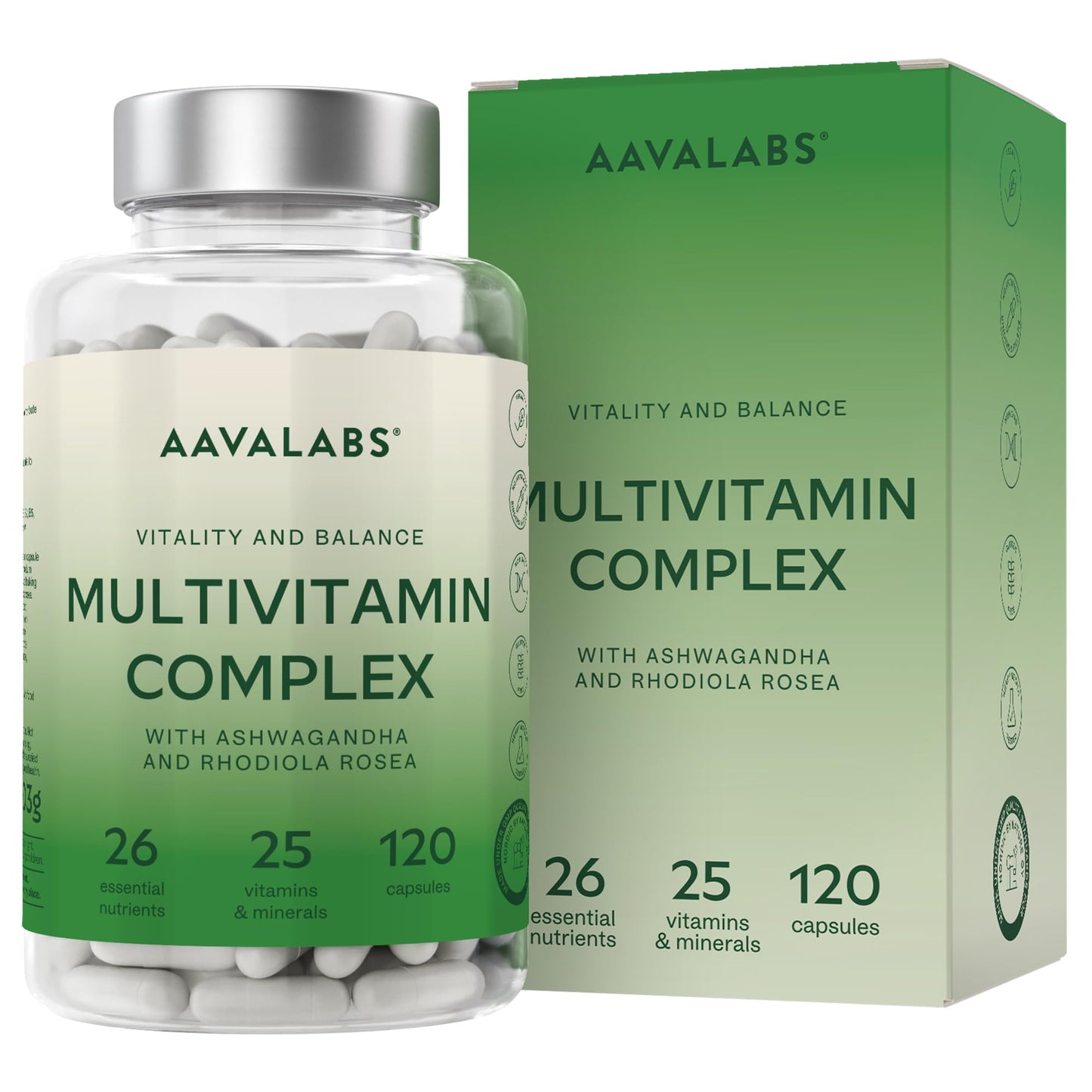 AAVALABS Multivitamin Complex with 25 Vitamins and Minerals + Ashwagandha and Rhodiola Rosea - Multivitamin Tablets for Women and Men - with Vitamin C & Vitamin D - Multivitamins and Minerals - 120 Capsules