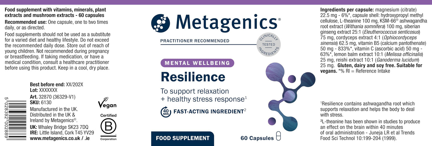 Metagenics - Resilience - Supports Fatigue - with Ashwagandha, Ginseng, Lemon Balm + Mushroom Extracts with L-theanine & Vitamins - 60 Capsules