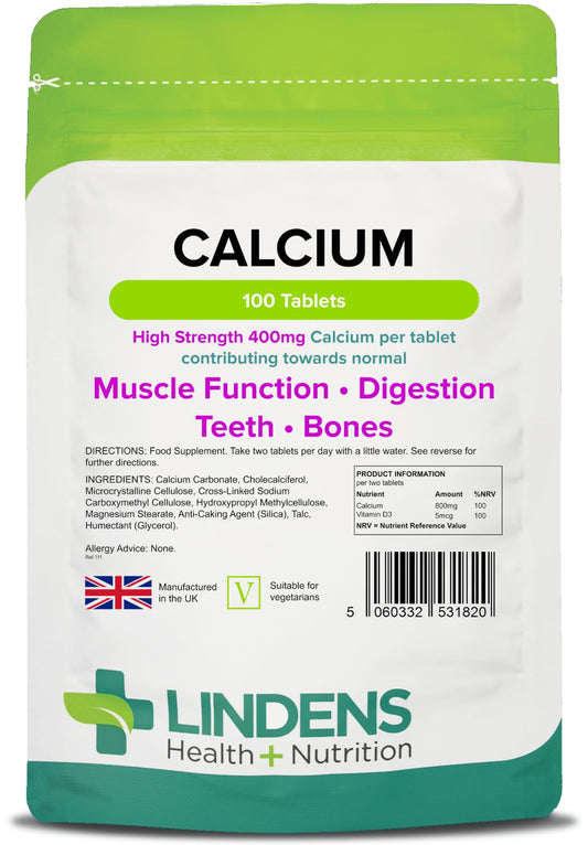 Lindens Calcium 400mg Tablets with Vitamin D3-100 Tablets - Contributes to Normal Muscle Function, Bones, Teeth and Digestion - 50 Days - UK Manufacturer, Letterbox Friendly