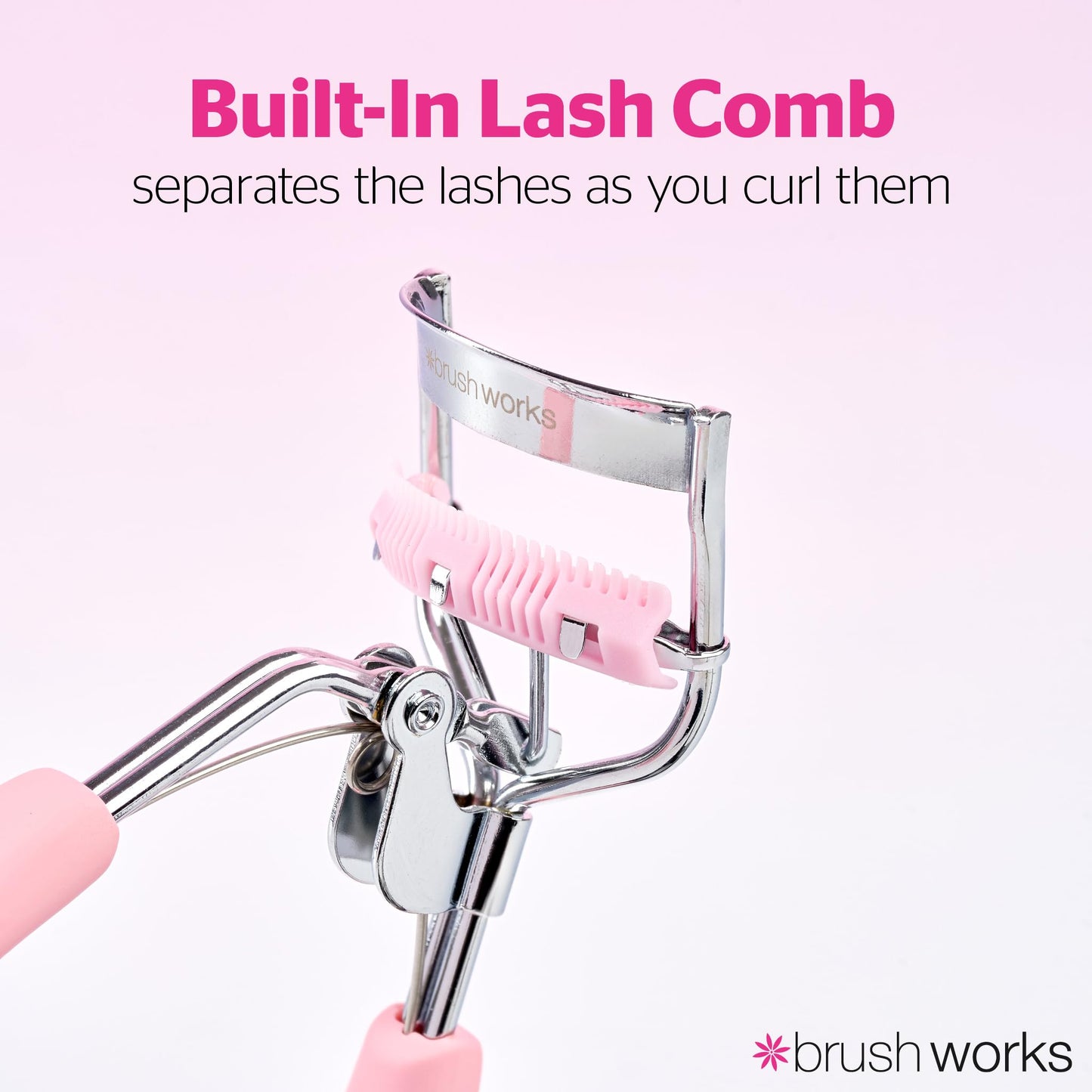 Brushworks Pro Lash Eyelash Curler with Built-In Comb - Precision Lash Separator & Curler for Fanned Out Lashes, Long-Lasting, Eye-Opening Lift, Stainless Steel, Pink, Easy to Use, Salon Style Results