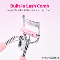 Brushworks Pro Lash Eyelash Curler with Built-In Comb - Precision Lash Separator & Curler for Fanned Out Lashes, Long-Lasting, Eye-Opening Lift, Stainless Steel, Pink, Easy to Use, Salon Style Results