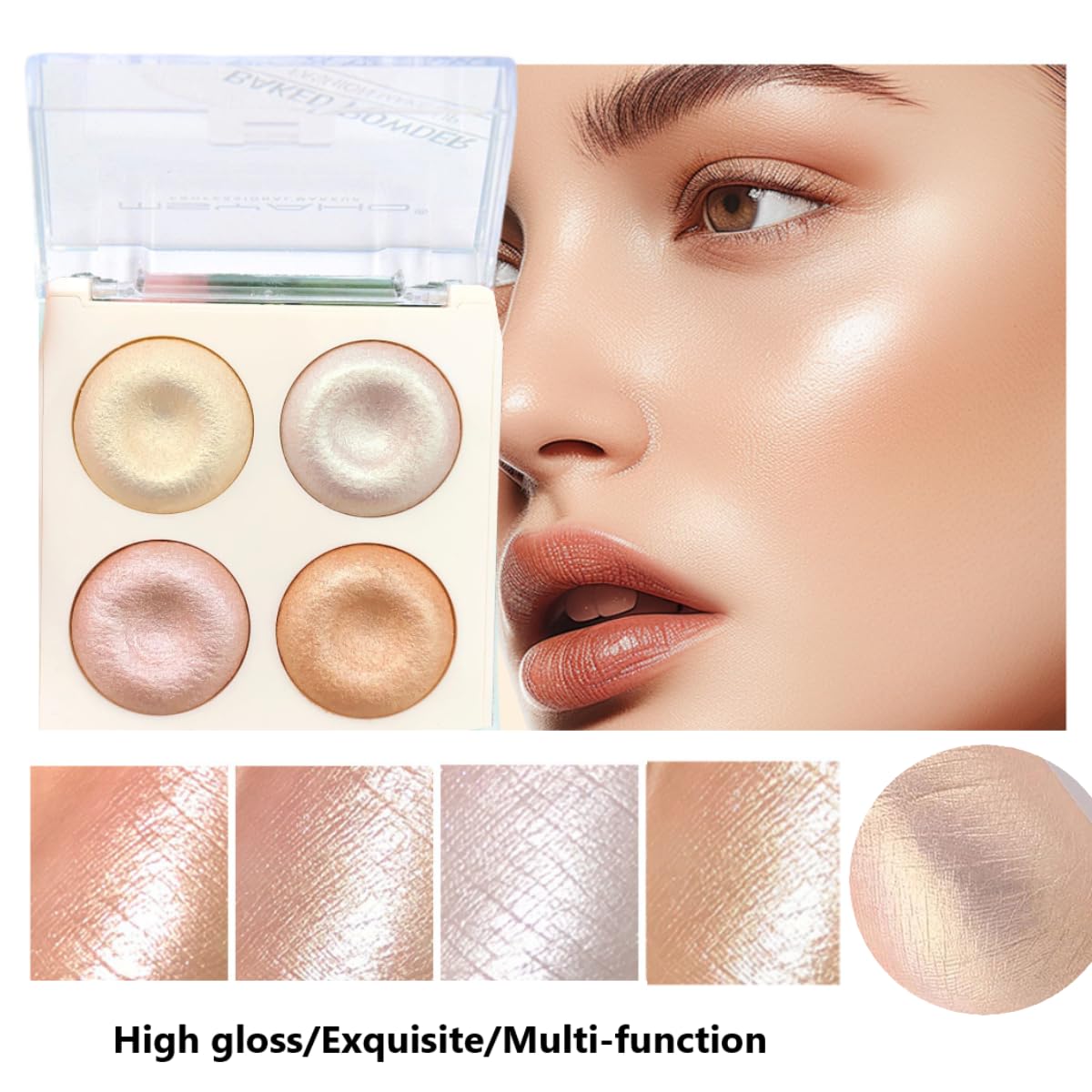 KARLOR Highlighter Palette, 4 Colours Highlighter Powder Highlighter Make Up Mother of Pearl Diamond Mushroom Delicate Distributable Highly Pigmented Highlighter Glitter Shimmer Powder Face Eyes Nose
