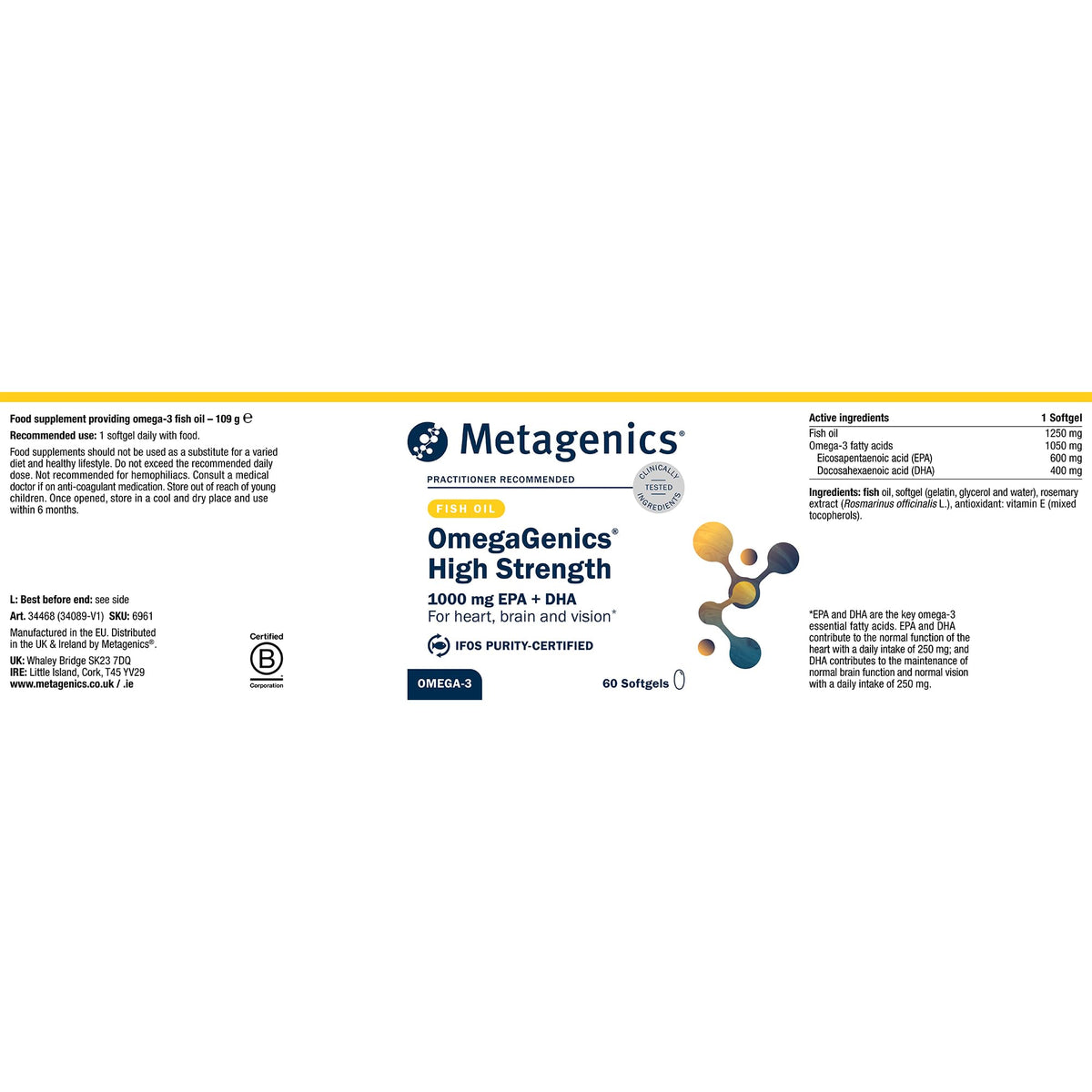 Metagenics OmegaGenics - High Strength Omega-3 Pure Fish Oil Supplement - 1000mg EPA & DHA - 60 Capsules