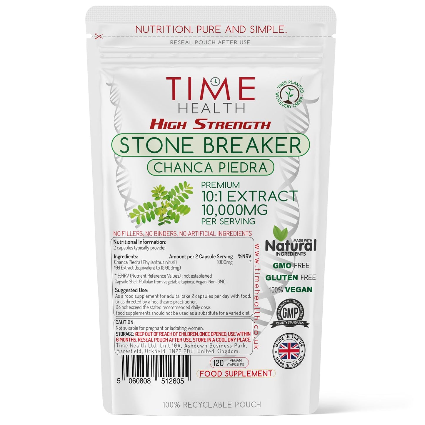 Time Health High Strength Stone Breaker - Chanca Piedra - 10,000mg - 120 Capsules - Kidney & Liver Support - Dissolve, Flush & Cleanse - UK Made Supplement - GMP - Additive Free - Vegan (120 Count (Pack of 1))