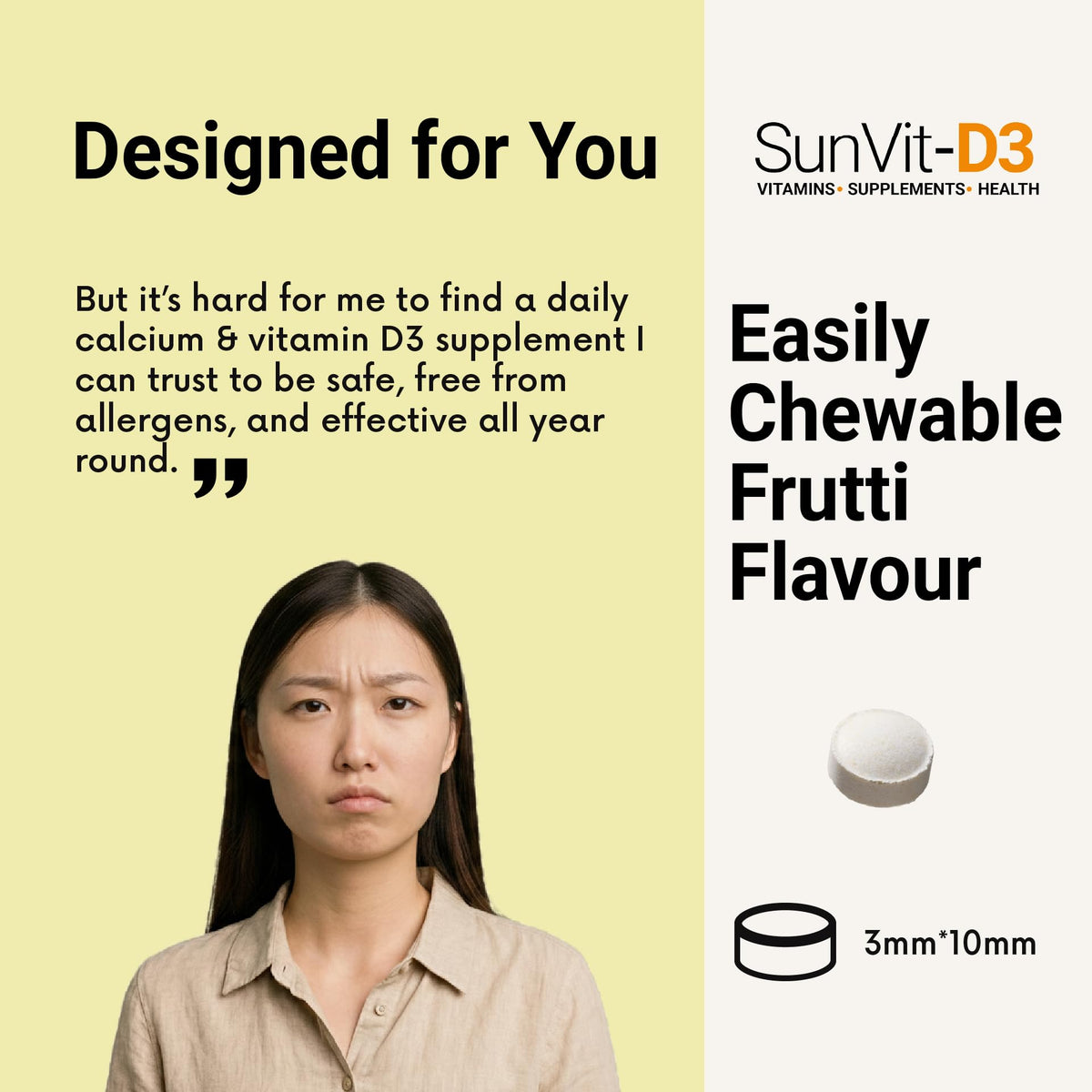 SunVit-D3 Vitamin D3 400IU with Added 600mg Calcium Tutti Frutti Tablets -Supports The Maintenance of Bone, Teeth, Muscle & Immune System - 56 Chewable Tablets