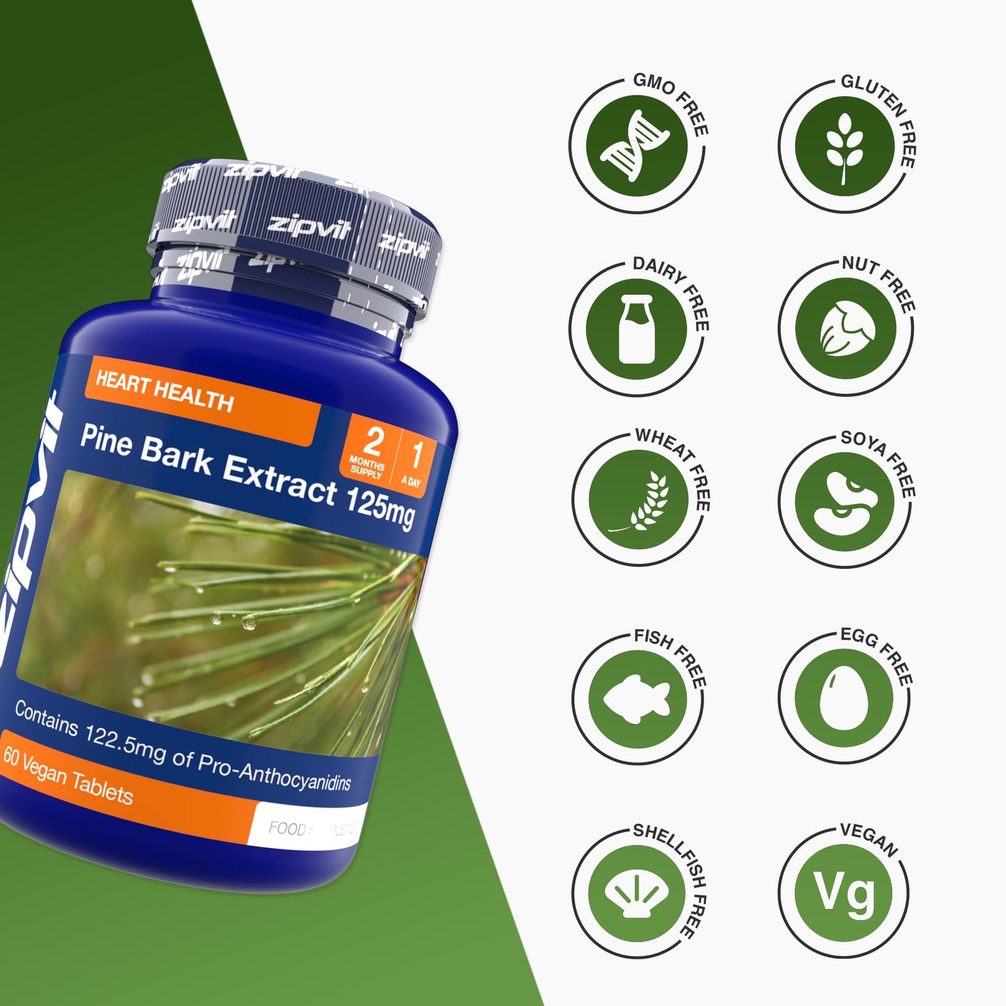 Zipvit Pine Bark Extract 125mg, High Strength Supplement, 95% Proanthocyanides, 60 Vegan Tablets, 2 Months Supply